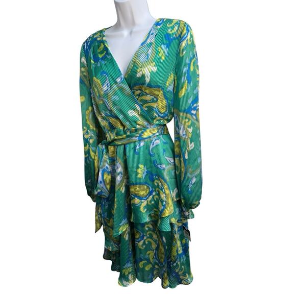 TAHARI ASL Women's Size 4 Wrap Belt Dress Green Paisley Ruffle Print Lined NWT - Picture 7 of 12